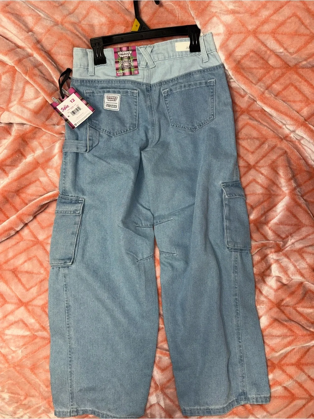 Justice Light Blue Denim Cargo Jeans with White Bugs Bunny Graphics